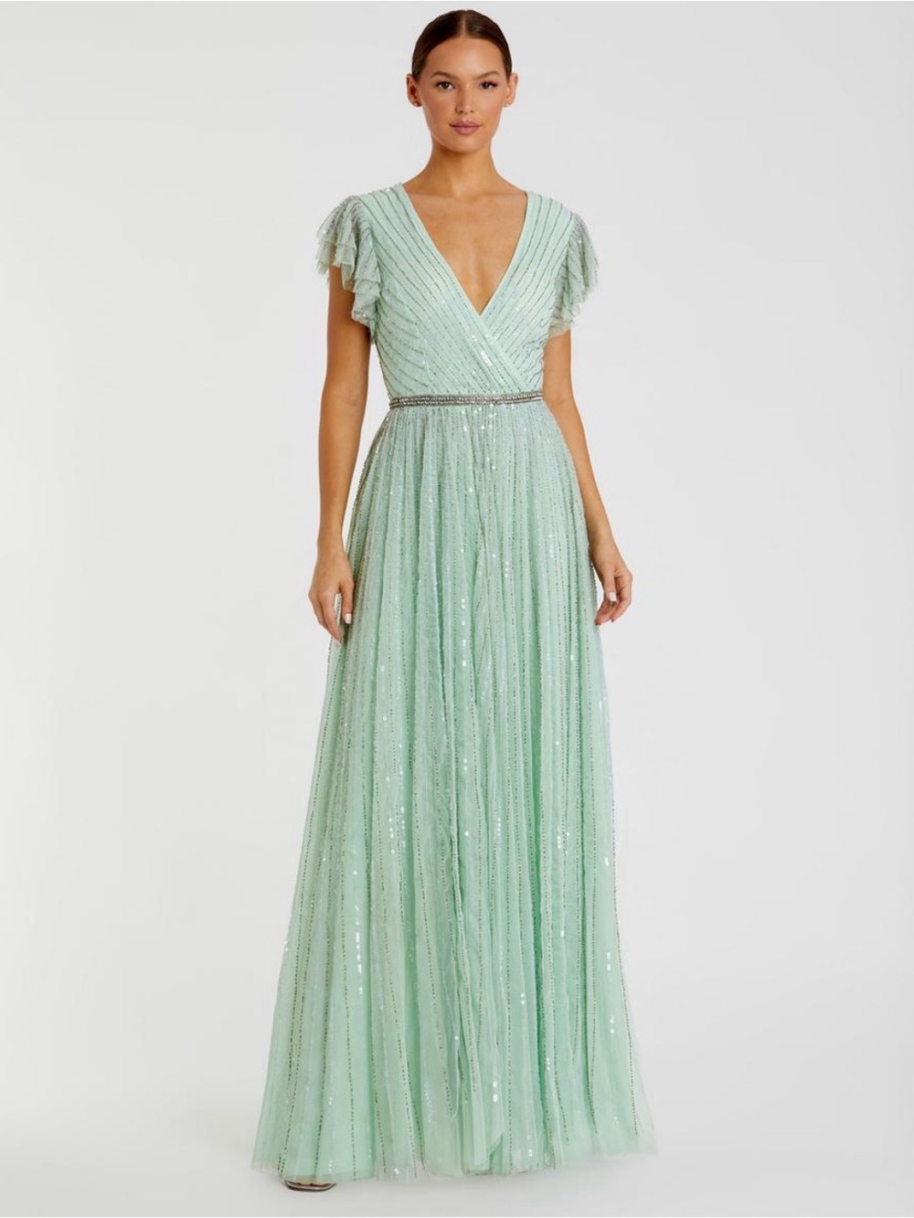 Mac Duggal Mint Green Beaded Ruffle Sleeve Maxi Gown